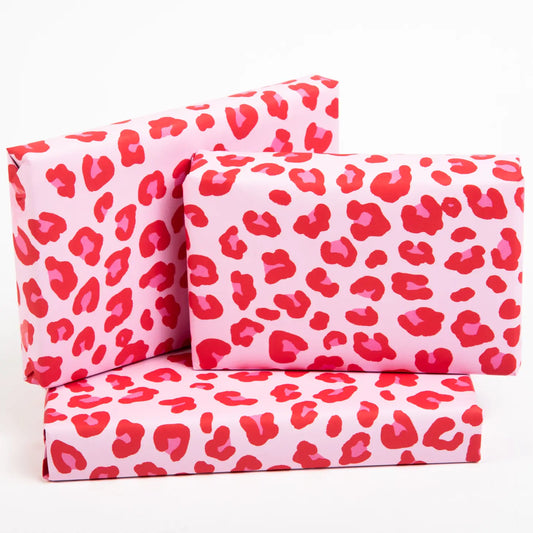 Pink Leopard Wrapping Paper Sheet. Recyclable, made in UK